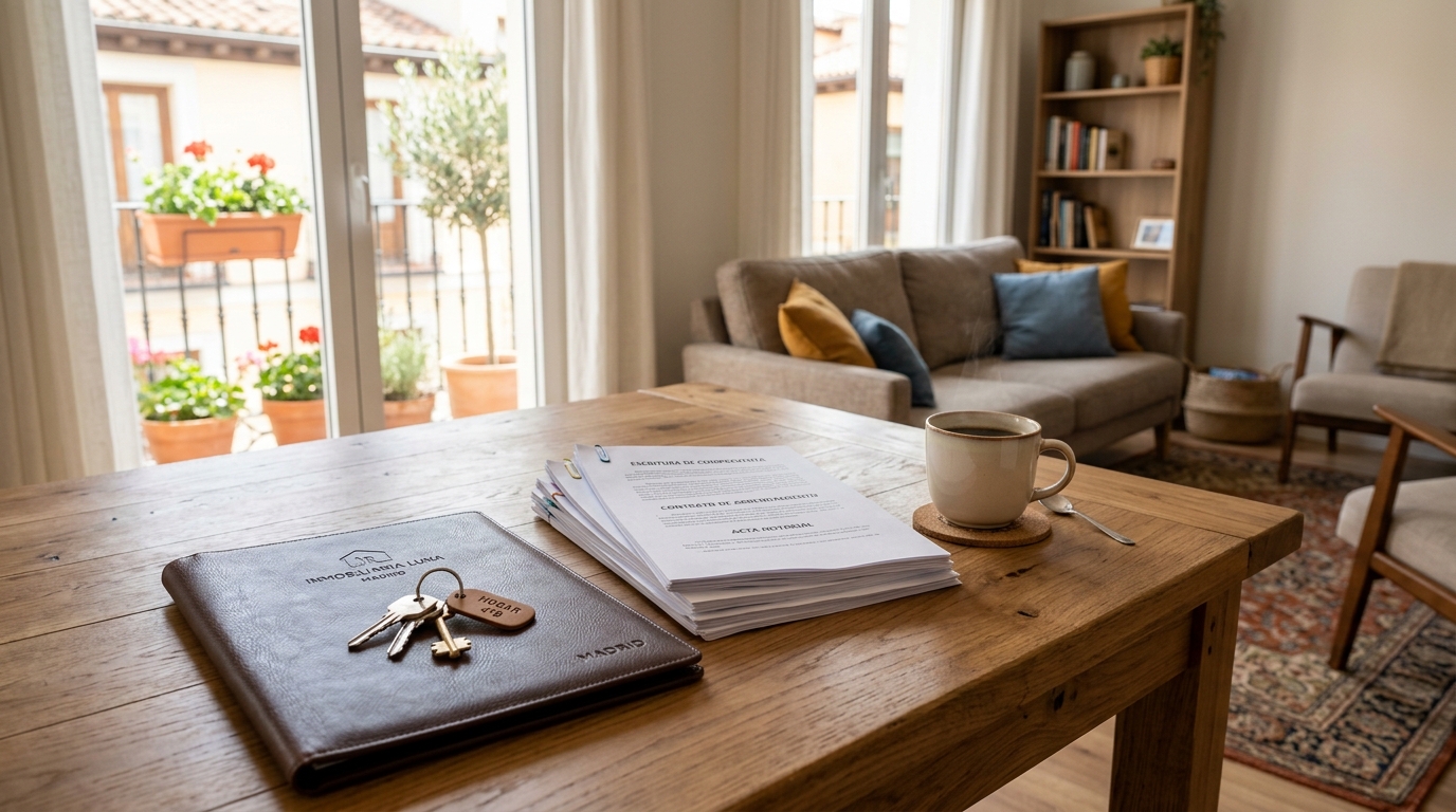 Documentos de herencia, carpeta de llaves y taza de café sobre una mesa, piso heredado en Salamanca