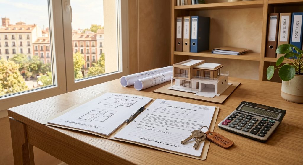 Mesa con documentos, planos y calculadora para analizar el precio de venta de un piso en Salamanca
