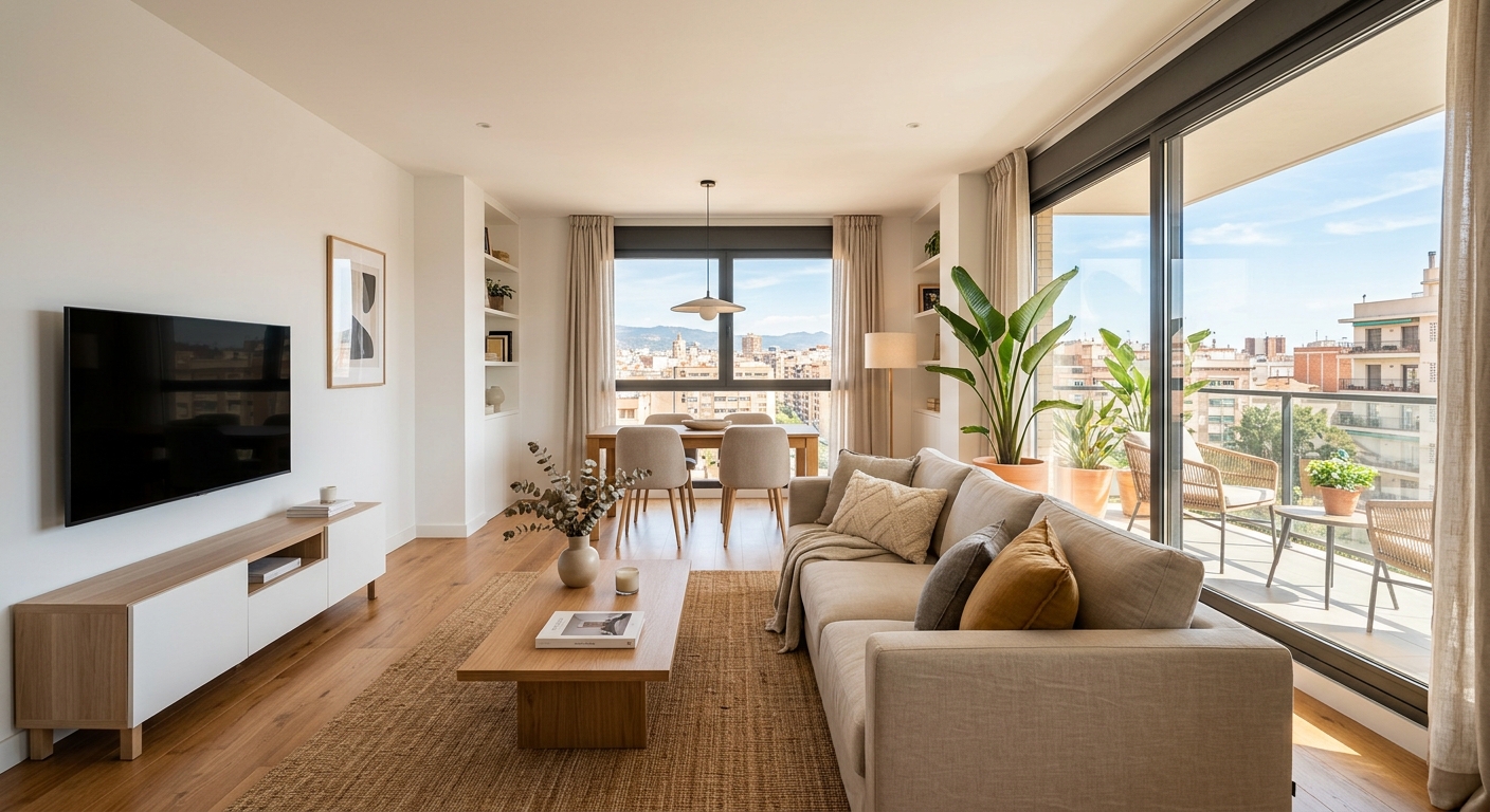 Salón luminoso y moderno de un piso en venta en Salamanca, listo para visitas tras fijar bien el precio