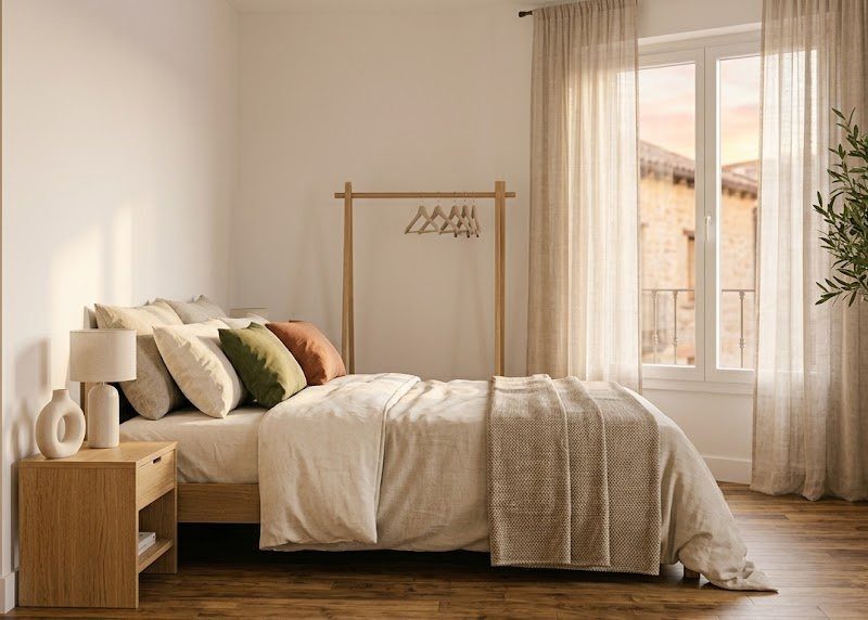 Salón luminoso amueblado de forma sencilla y neutra, preparado para alquilar, con luz natural de tarde