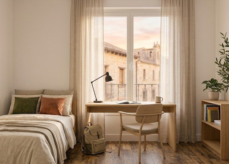 Habitación de estudiante con cama hecha, escritorio junto a la ventana, flexo y estantería con libros, en un piso de Salamanca