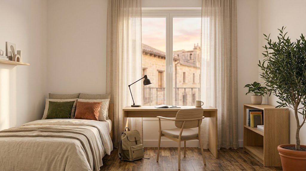 Habitación de estudiante con cama hecha, escritorio junto a la ventana, flexo y estantería con libros, en un piso de Salamanca