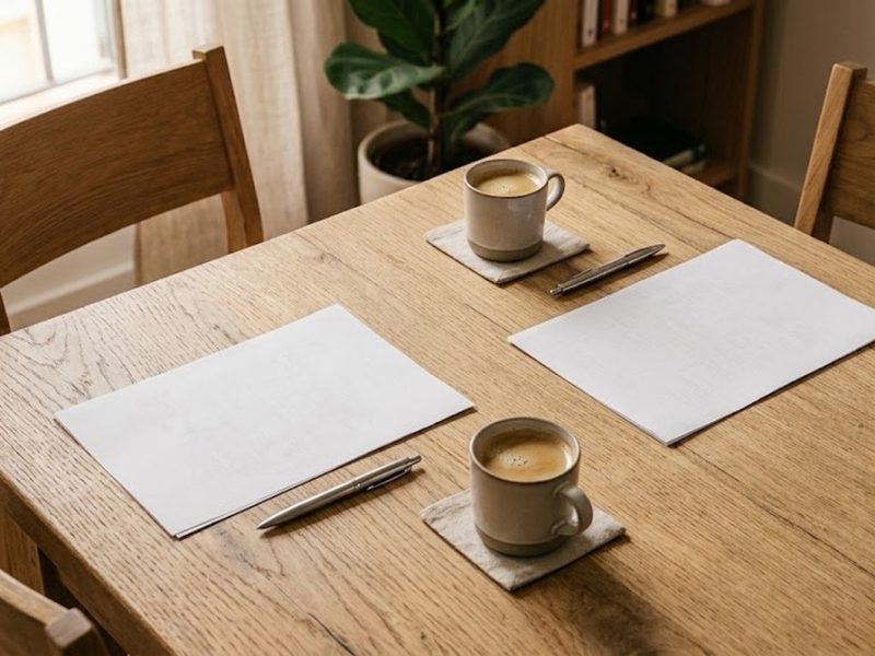 Mesa con dos sillas enfrentadas, dos ejemplares de un contrato y dos cafés: la firma del contrato de arras entre comprador y vendedor