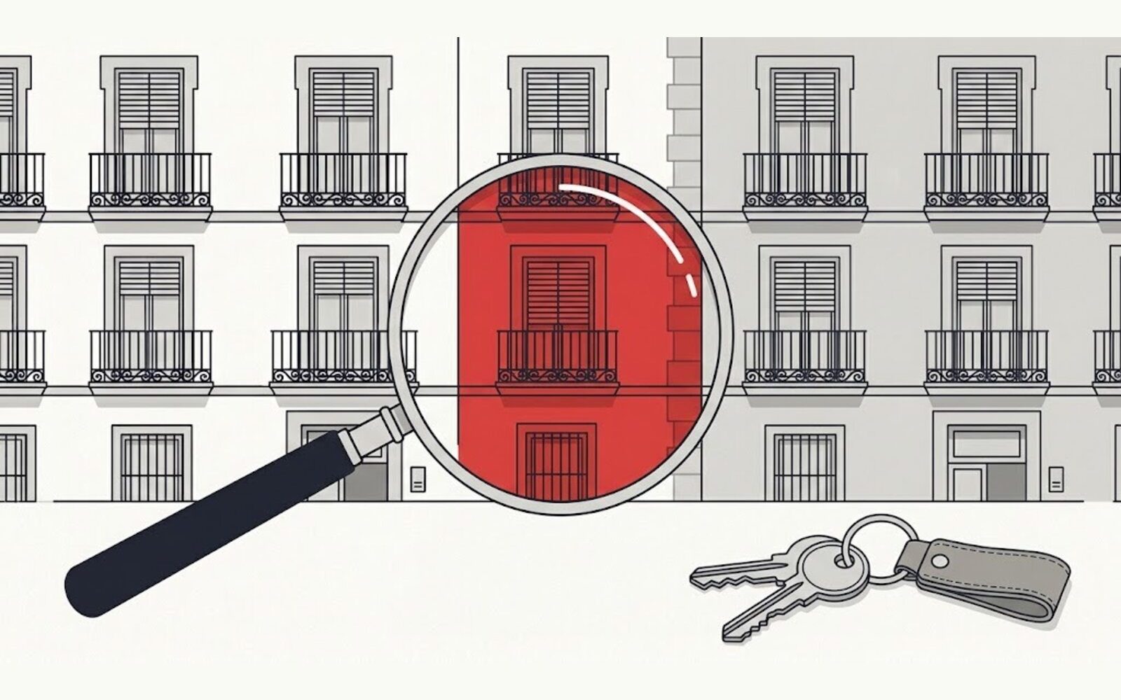 Lupa sobre una hilera de fachadas de Salamanca con una sola vivienda destacada en rojo y un juego de llaves delante, símbolo de la búsqueda de vivienda por encargo del comprador.
