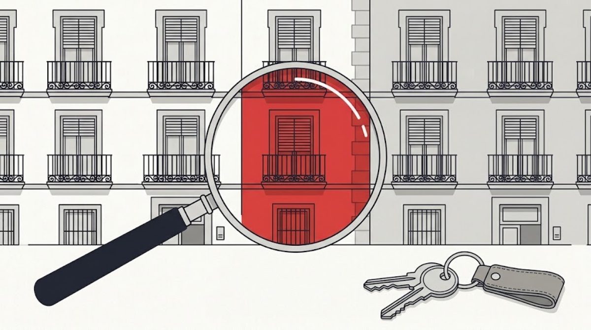 Lupa sobre una hilera de fachadas de Salamanca con una sola vivienda destacada en rojo y un juego de llaves delante: buscar y encontrar la casa correcta entre muchas