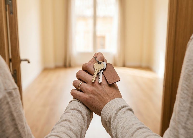 Manos sosteniendo las llaves de un piso recién comprado ante el salón vacío y luminoso de la vivienda, en Salamanca