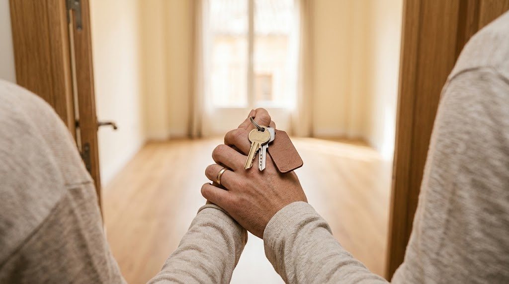 Manos sosteniendo las llaves de un piso recién comprado ante el salón vacío y luminoso de la vivienda, en Salamanca