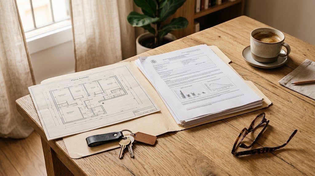 Escritura, plano acotado y llaves de una vivienda sobre una mesa: la documentación necesaria para vender un piso en Salamanca