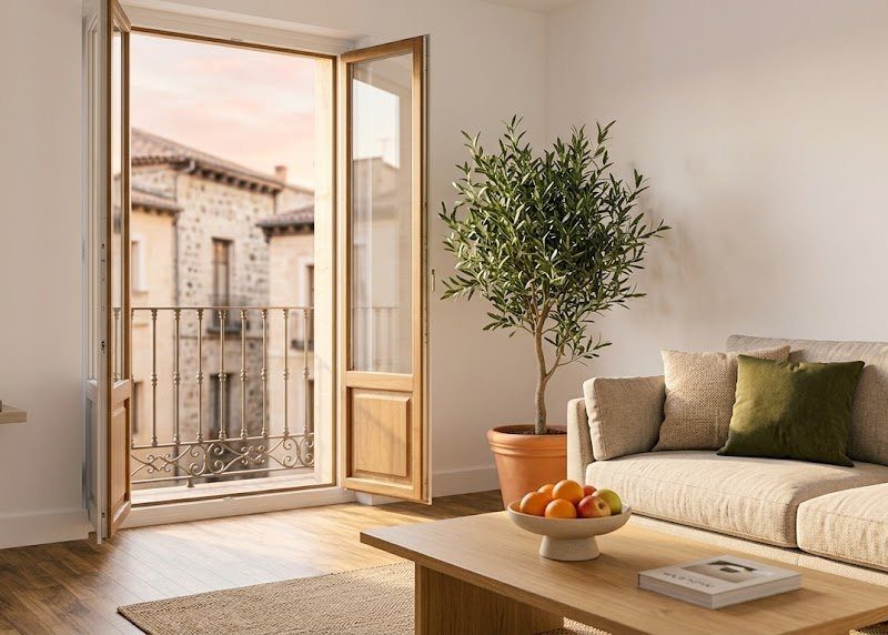 Salón ordenado y luminoso preparado para las visitas, con sofá claro, planta y luz natural: home staging en Salamanca