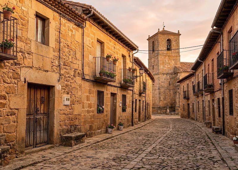 Calle de un pueblo de la provincia de Salamanca al atardecer, con casas de piedra arenisca y la torre de la iglesia al fondo