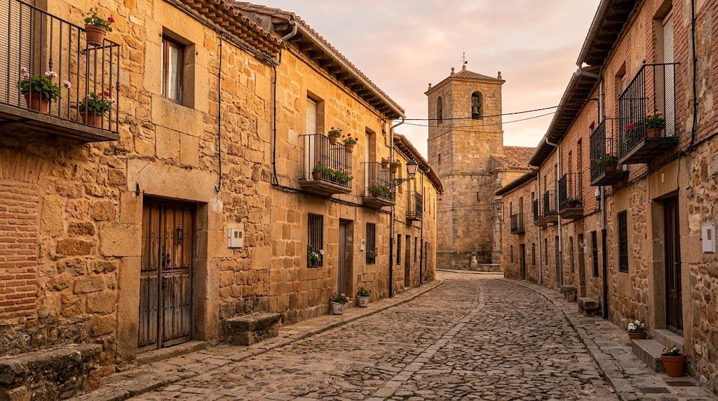 Calle de un pueblo de la provincia de Salamanca al atardecer, con casas de piedra arenisca y la torre de la iglesia al fondo