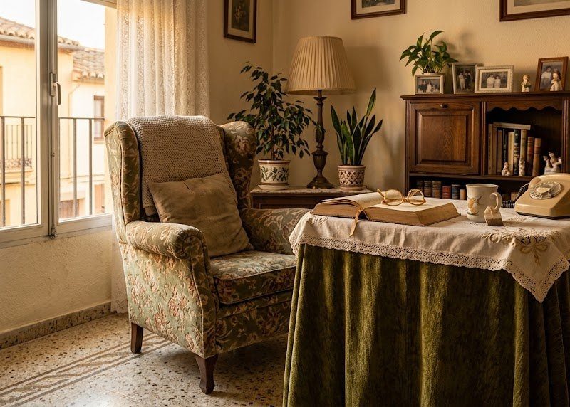 Salón antiguo y cuidado de una vivienda en Salamanca, con sillón orejero junto a la ventana y luz de tarde: vender la nuda propiedad y seguir viviendo en casa