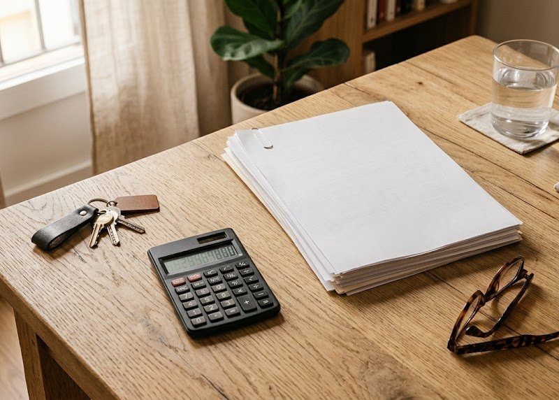 Llaves de una vivienda junto a una calculadora y documentos bancarios sobre una mesa: vender un piso que todavía tiene hipoteca en Salamanca