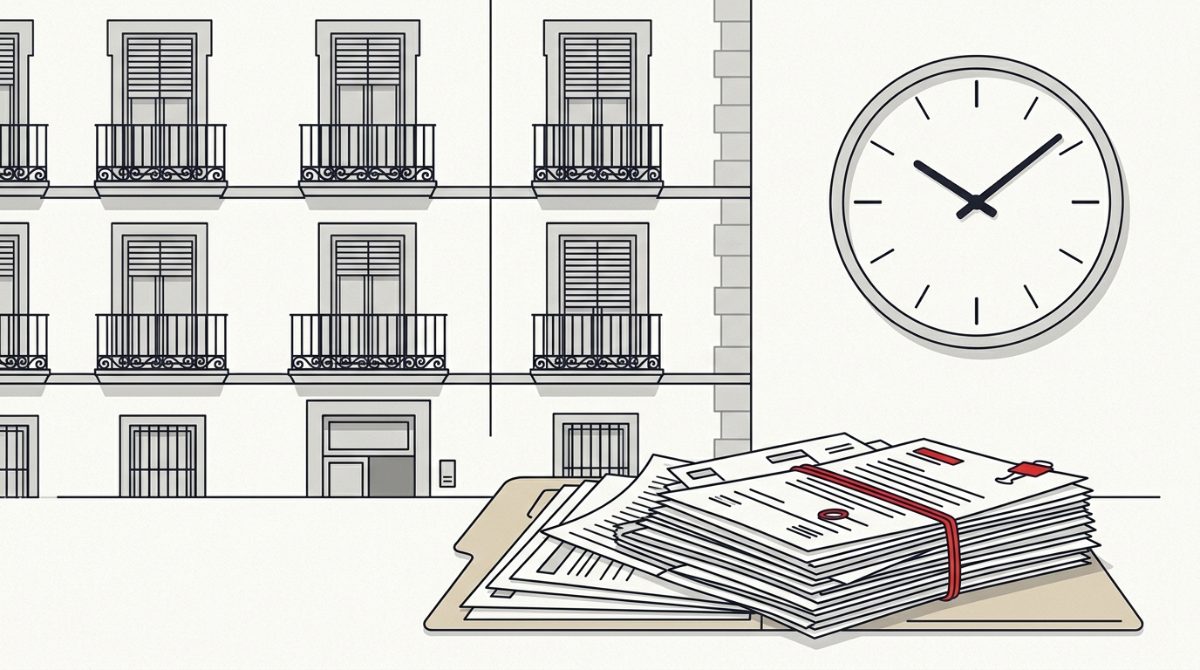 Vender un piso rápido en Salamanca Reloj de pared, fachada de un edificio de viviendas en Salamanca y una carpeta con documentos: lo que retrasa una venta con prisa no es el comprador, son los papeles