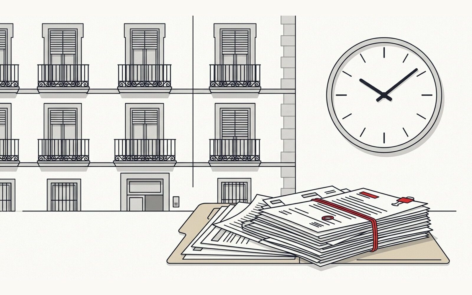 Reloj de pared, fachada de un edificio de viviendas en Salamanca y una carpeta con documentos, que representan el tiempo y los papeles que marcan el plazo real de una venta urgente.