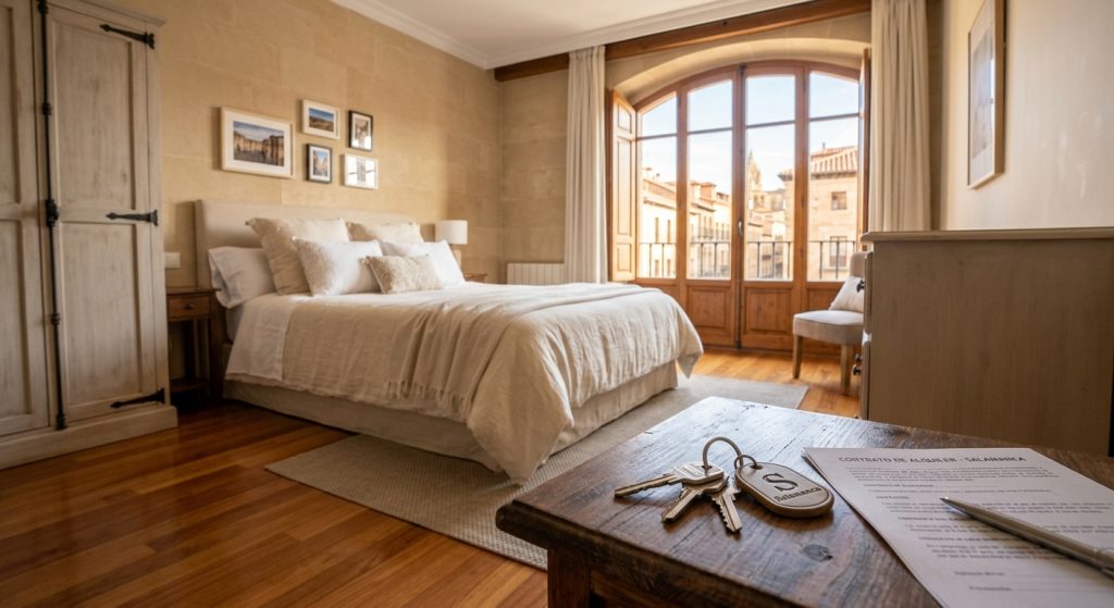 Llaves y contrato de alquiler sobre una mesa en un piso de Salamanca